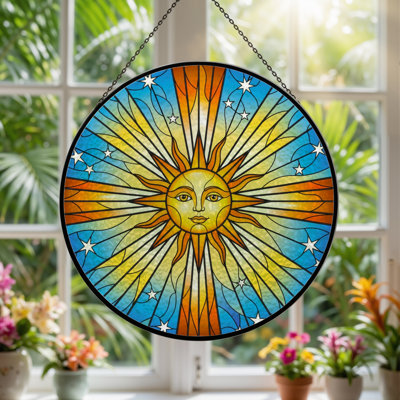 7.8"H Sun And Stars Stained Glass Window Panel