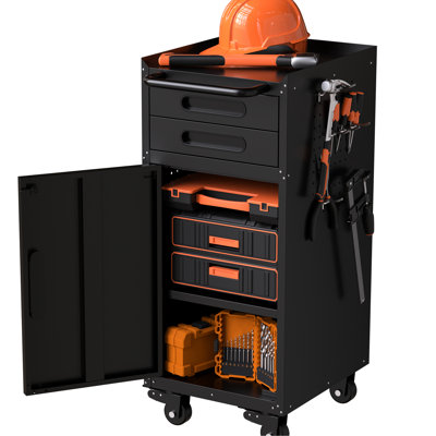 34.3" Narrow Rolling Storage Cabinet - Ideal For Tight Spaces, With Lockable Door, 2 Drawers And Four Swivel , Build Slim Metal Space Option Garage, Lower Cabinet, Upper Large Handle, Modern Design,