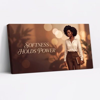 Woman in White Shirt with Softness Holds Power Text Canvas Wall Art 47 x 24 x 1.5 Inch