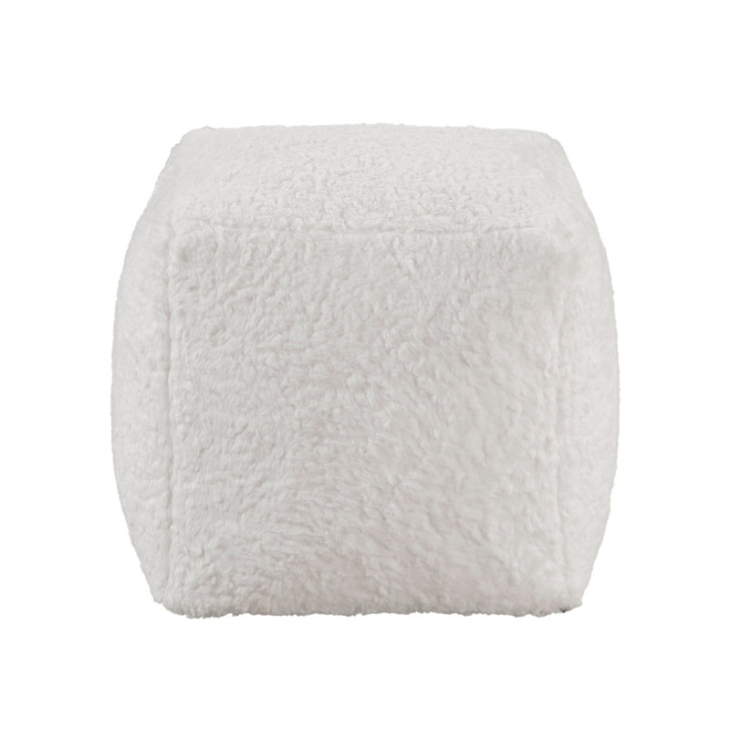 Modern Square Pouf Off-White Faux Fur Fabric Upholstered Ottoman, Footstool, Non-Slip Floor Pouf, Bean Bag Chair, 1Pc Sitting Pouf