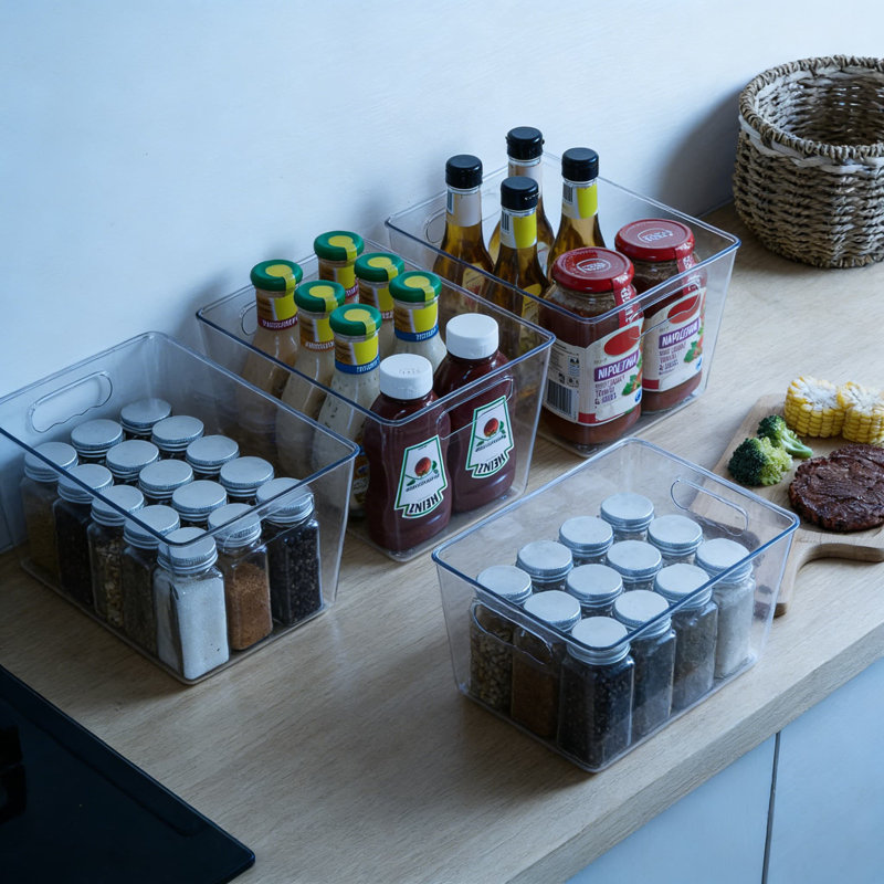 Bacs de rangement en plastique transparent avec poignées, paquet de 12 organisateurs de garde-manger pour armoires de cuisine, congélateur, placard et salle de bain sous le lavabo, sans couvercle