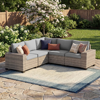 Ensemble de canapé modulaire d'extérieur en osier 5 personnes avec coussins et accoudoirs larges