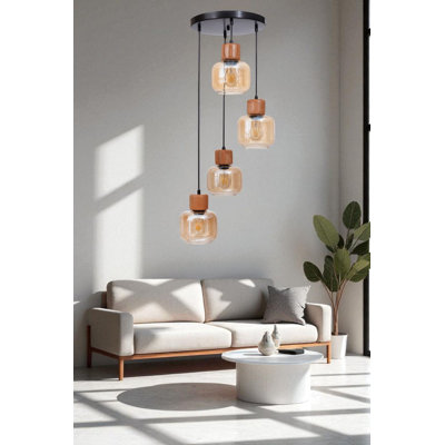 Élégant lustre en métal avec hauteur réglable, finition miel et chêne, diamètre de 6,0 po x 5,1 po | 4 x douilles E27 de 40 W maximum (ampoules non incluses) | pour le salon, la salle à manger ou le vestibule | Conception durable conforme à la norme IP20