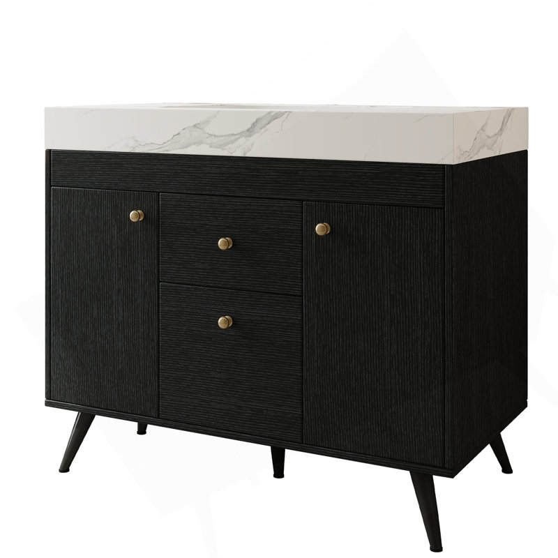 36" Modern Freestanding Bathroom Vanity With Sintered Stone Top, Ceramic Sink & Smart Storage, Black