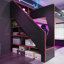 Lit mezzanine pleine grandeur avec escalier de rangement et tablettes de tête de lit ouvertes, bureau à DEL avec charge USB, cadre de lit mezzanine surélevé avec découpe en forme de maison pour les joueurs, noir et rouge-202901000-202901001