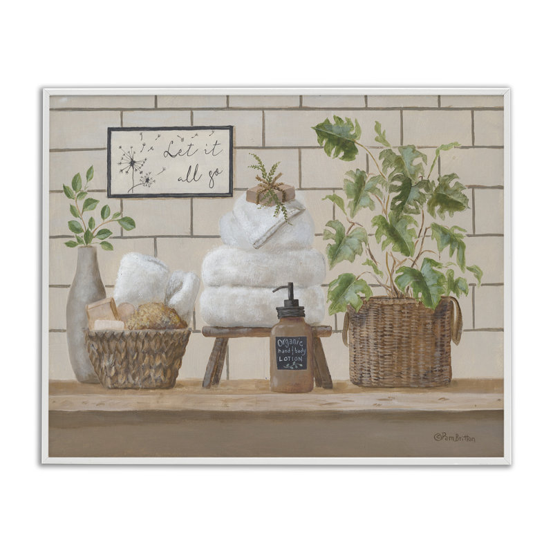 «Comforting Bathroom Spa Still Life», estampe numérique encadrée par Pam Britton, H 16 po x l 20 po x P 1,5 po, Blanc