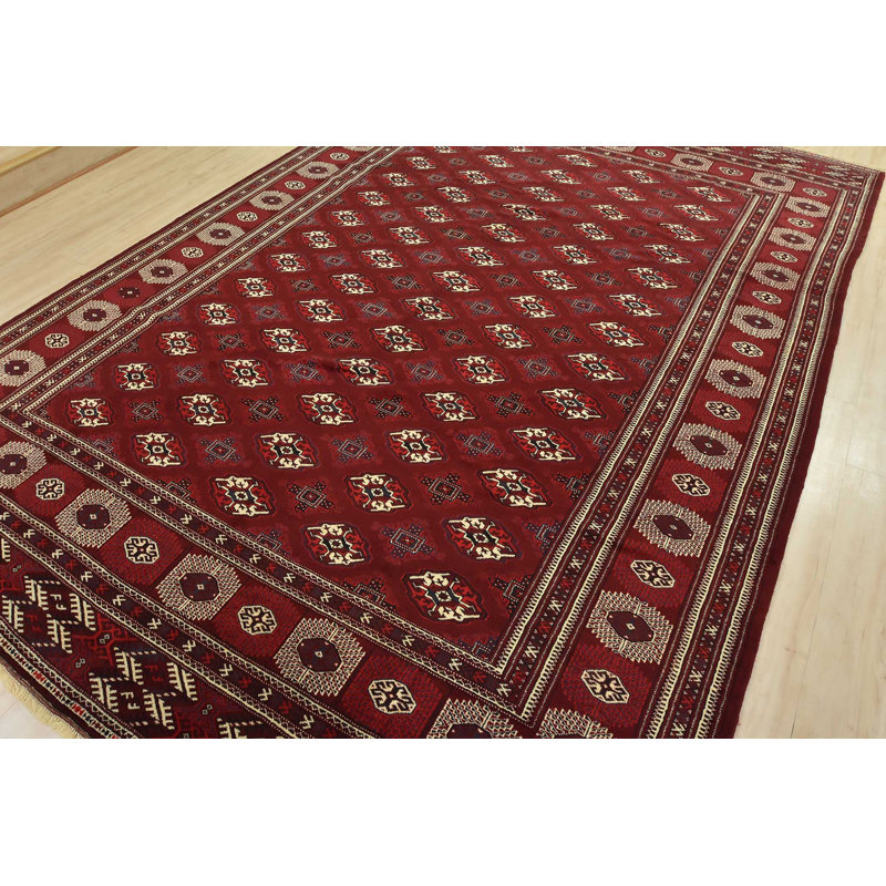 Tapis oriental rétro en laine rouge noué à la main 8 pi 8 po x 12 pi Bokhara Vintage