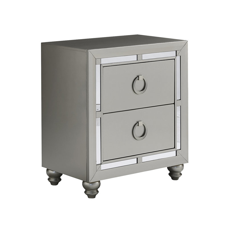 Table de chevet argentée Gemstone avec accents de miroir, grande capacité de tiroir, pied de chignon, glissière centrale en métal, bois massif +, gris, 24,95 po Profondeur, 16,01 po de largeur, 28,64 po de hauteur avec caractéristiques, tiroirs spacieux