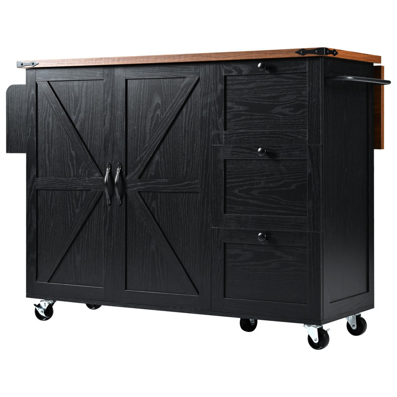 54.5" Farmhouse Kitchen Island with Power Outlet, Kitchen Storage Island with Internal Storage Rack, Drop Leaf, Spice Rack, Rolling Kitchen Cart on Wheels, for Home, Kitchen and Dining Room