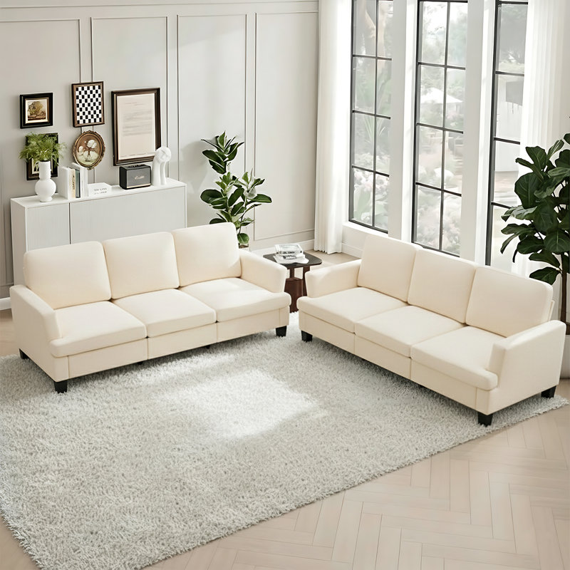 84'' Linen Upholstered 3-Seater Sofa Set of 2, Beige Linen