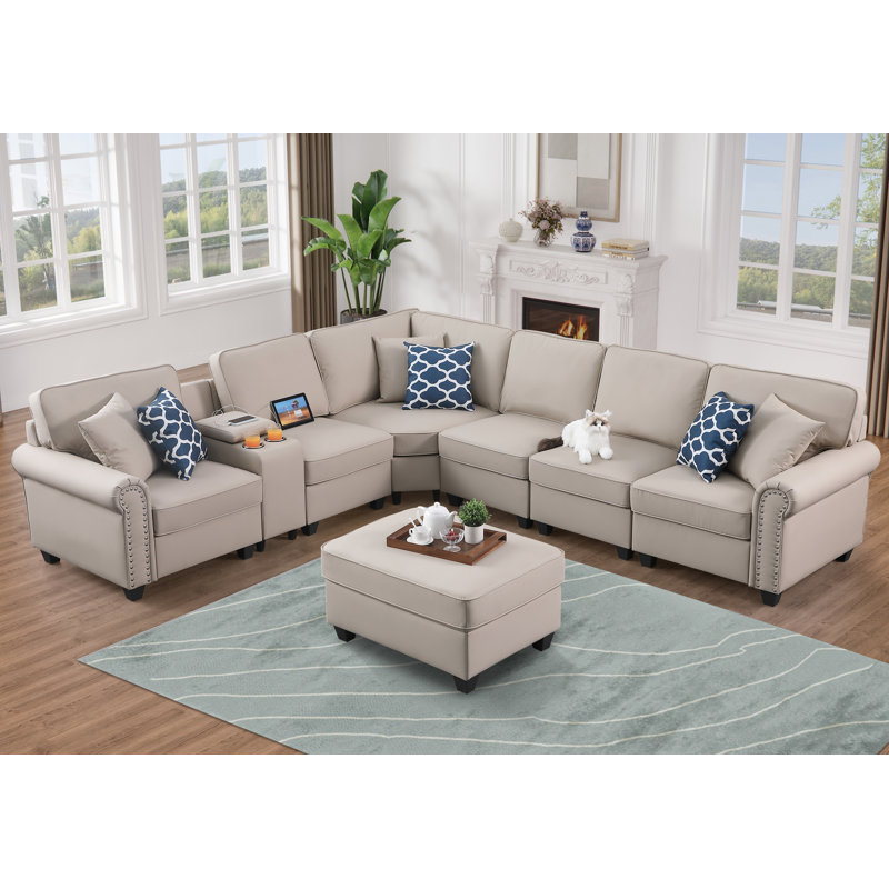 Tyshonda Artificial Leather With Individual Cupholder Console And 1 Ottoman, Beige Faux Leather