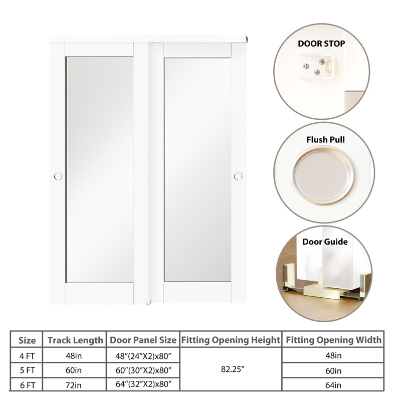 2 MDF Interior Slab Doors with Aluminium Hardware Bypass Sliding Door Full Lite Mirror Glass Design, 64" x 80"