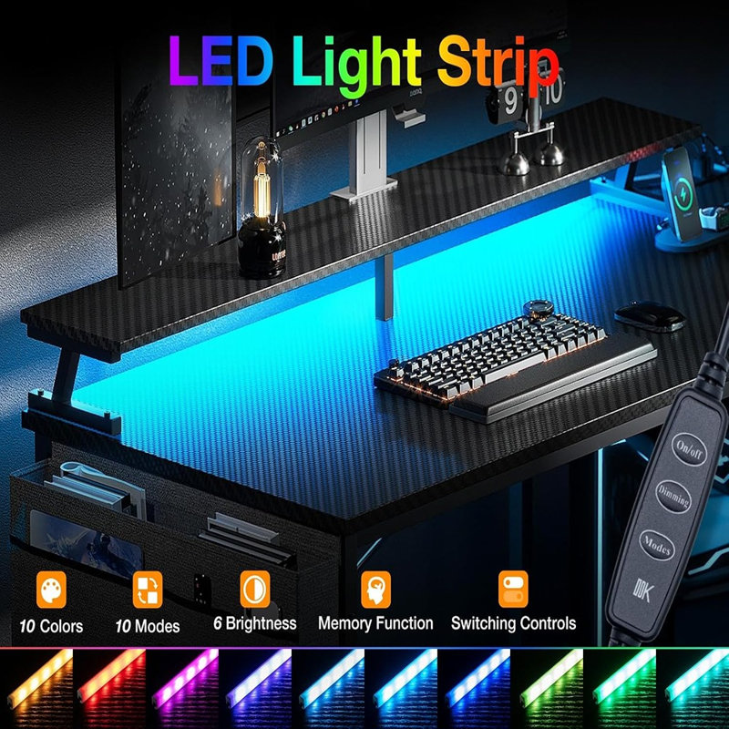 48 Inch Gaming Desk With Usb Charging Ports And Led Lights, Reversible L Shaped Computer Desk With Storage Shelves & Monitor Stand