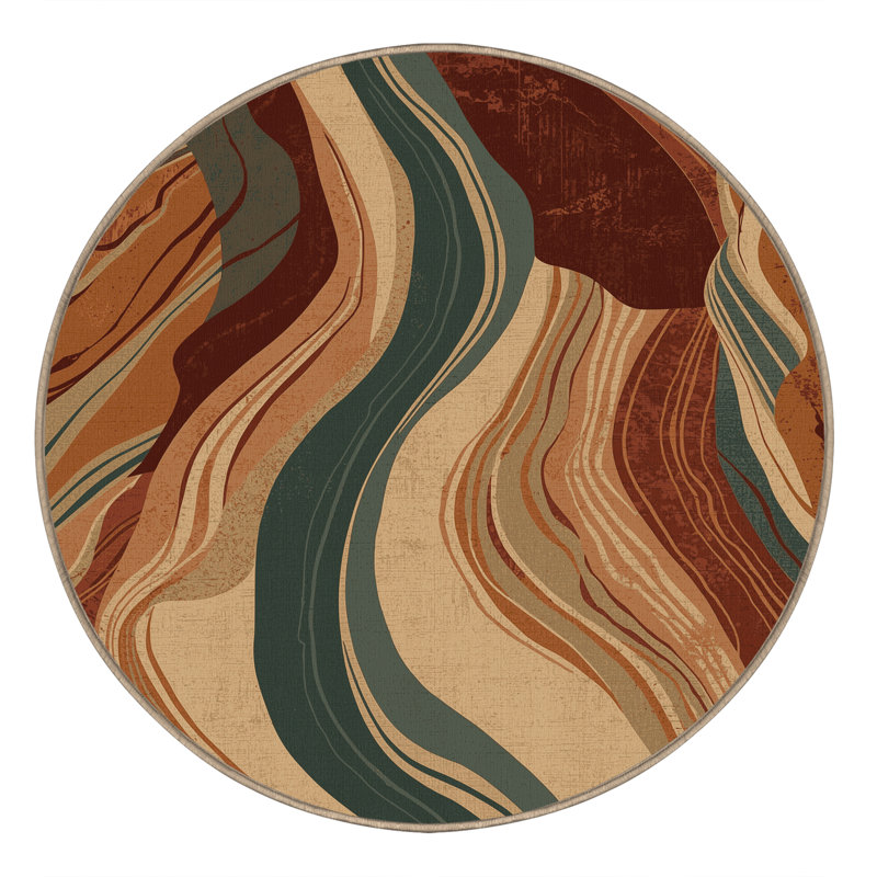 Machine Washable Gregorey Country Rustic Vintage Look Rug in Brown – Beige Binding, 4' Round