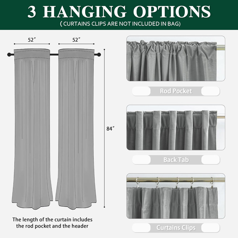Ortraud Room Darkening Velvet Curtains with Back Tab and Rod Pocket, 52" W x 84" L, Gray