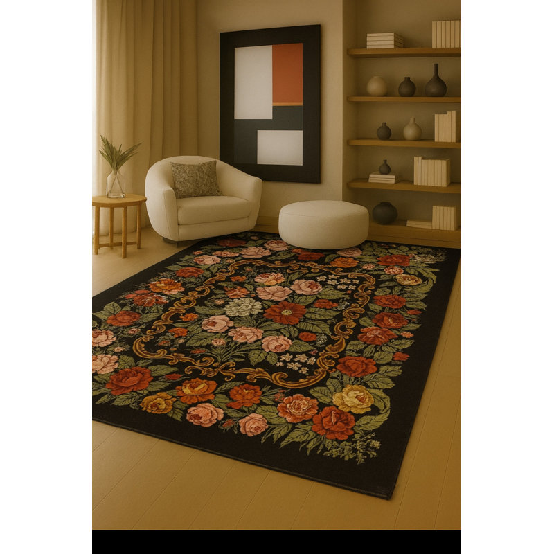 Tapis noir tissé à motif lavable traditionnel Mosso, 4'11" x 9'10"