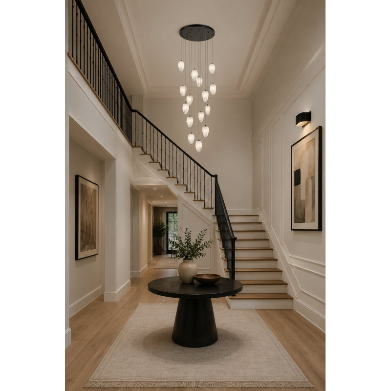 15-Light Black Chandelier With White Glass Pendants, Matte Black