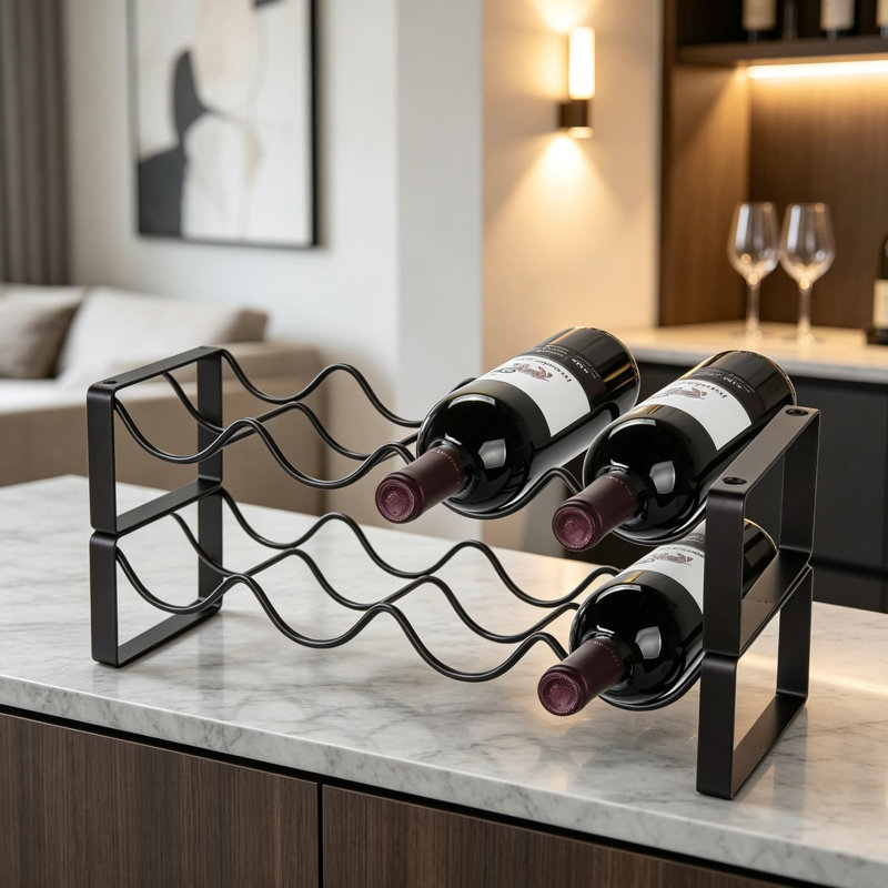 Comptoir de vin empilable, comptoir à deux niveaux, porte-bouteilles en métal et rangement, support à vin autoportant pour armoire, brun