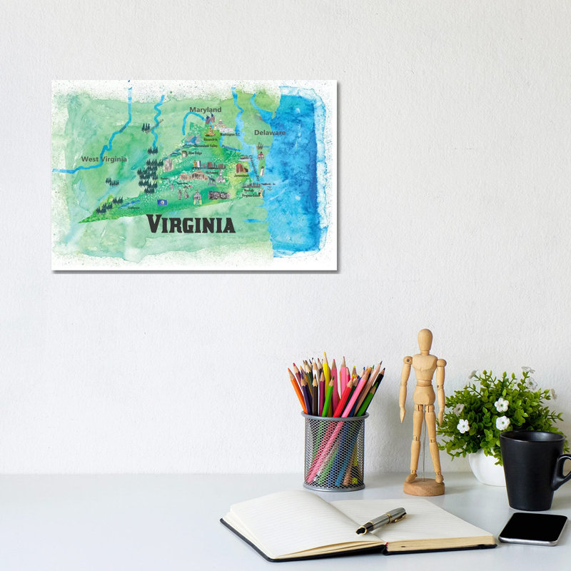 «The USA, Virginia State Travel Map» par Markus et Martina Bleichner, impression sur toile tendue