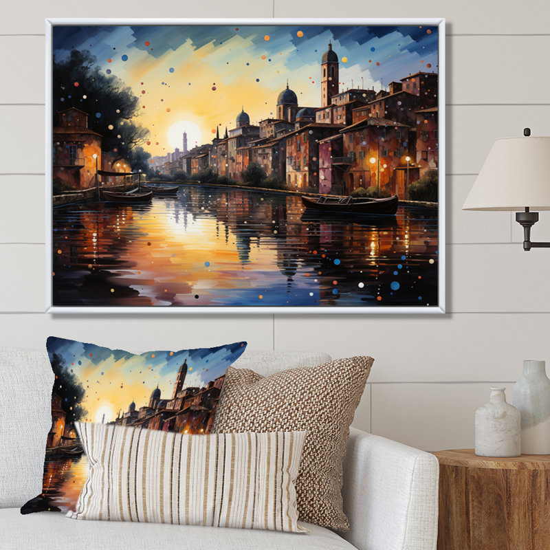 Yellow Canal Urban Reflections Pointillism II, reproduction d'art sur toile, H 34 po x l 44 po x P 1,5 po
