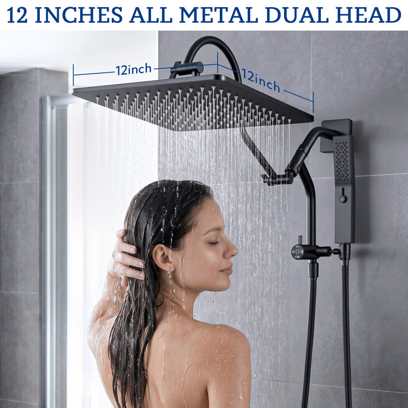 Pomme de douche 12 "tout en métal avec douchette multi-fonctions, Noir mat