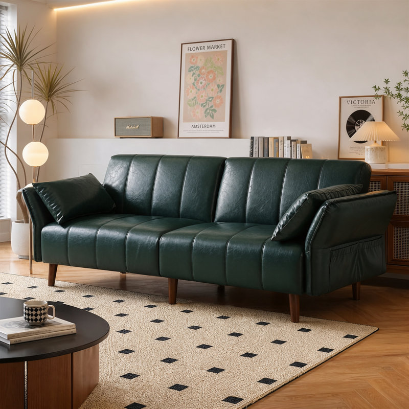 Canapé-lit futon convertible en similicuir de 194 cm (76,4 po), style moderne du milieu du siècle, avec dossier et accoudoirs réglables et une poche de rangement.