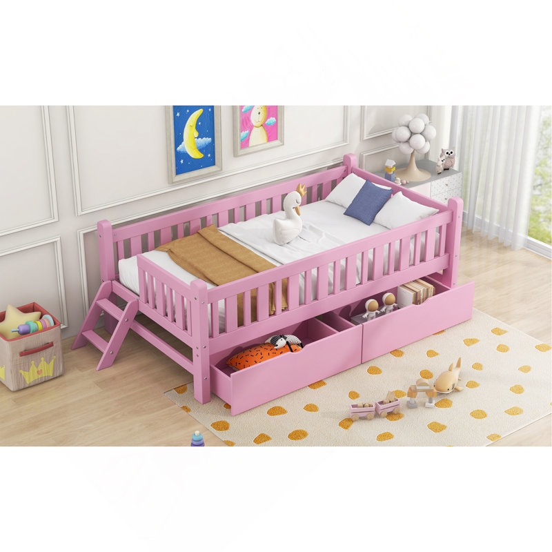 Lit plateforme en bois avec garde-corps et 2 tiroirs, Rose