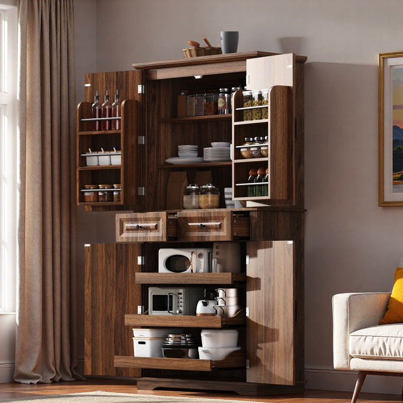 Grand garde-manger avec 3 armoires coulissantes, 6 portes et 2 tiroirs, Brown