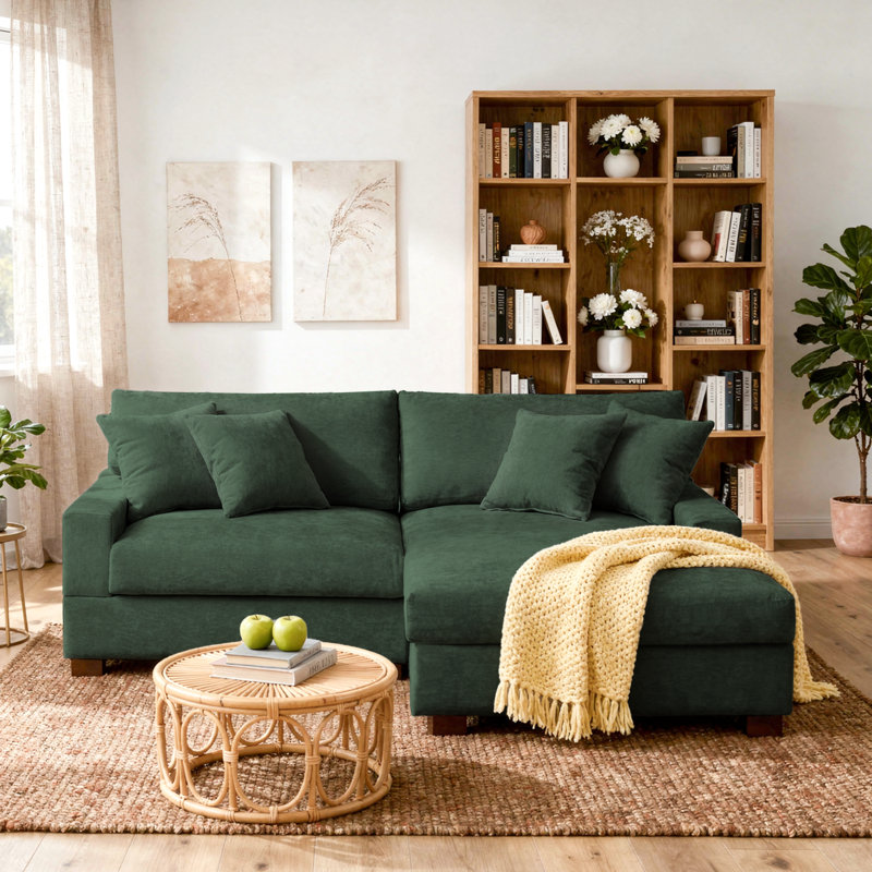 2 - Piece Upholstered Green Chenille Modular Sectional Sofa with Armrests & Throw Pillows, Green Chenille, Right Hand Facing
