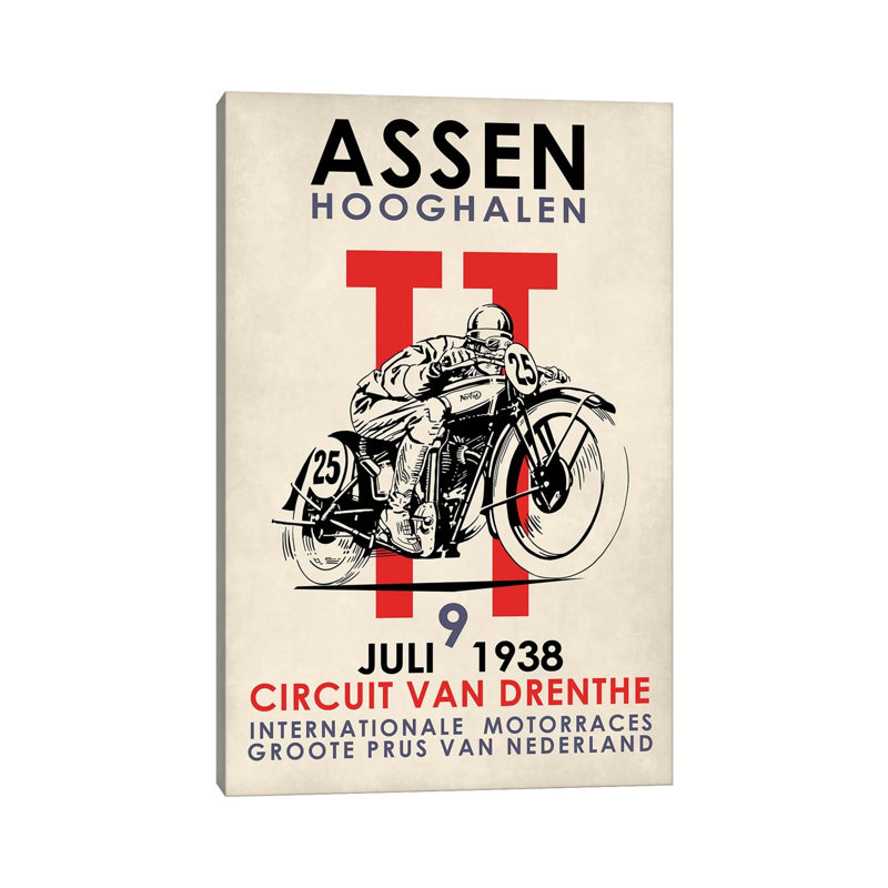 Assen TT Motorcycle Races 1938 by Mark Rogan - Print on Canvas, 152.5 cm H x 101.5 cm W x 3.175 cm D, Wrapped Canvas