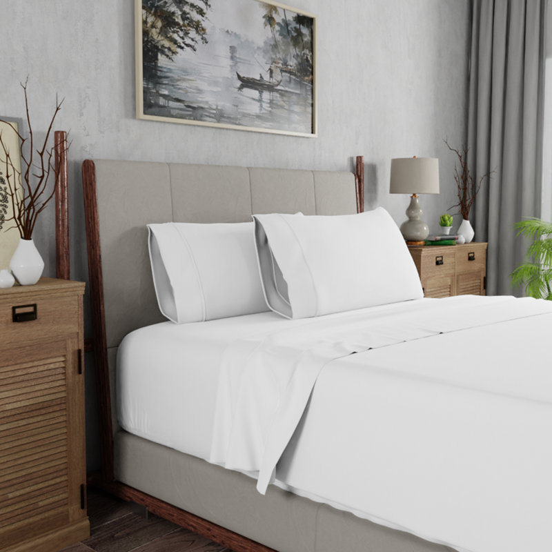 Ensemble de draps légers en mélange de coton brossé infroissable, Blanc, Ensemble de draps pour lit double + un drap-housse