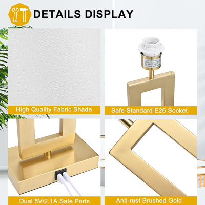 22'' Lamps for Bedrooms Set of 2, Touch Control Table Lamps with 2 USB Ports