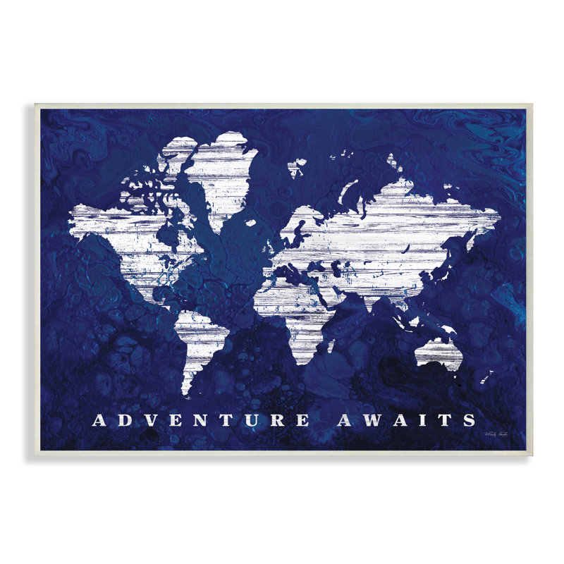 «Adventure Awaits Sentiments», carte du monde bleu marine par Cindy Jacobs - impression, H 10 po x l 15 po, Plaque murale