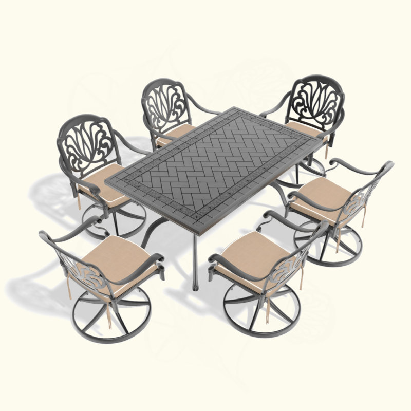 Cet ensemble de salle à manger en fonte d'aluminium toutes saisons comprend des chaises pivotantes et une table rectangulaire avec cadre noir