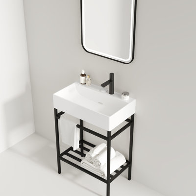 24" Bathroom Vanity With Ceramic Basin, Freestanding Sink Console , Glossy White Rectangular Black Metal Leg, Strong Iron Storage Shelf Modern Sink, Open Stable Shelves