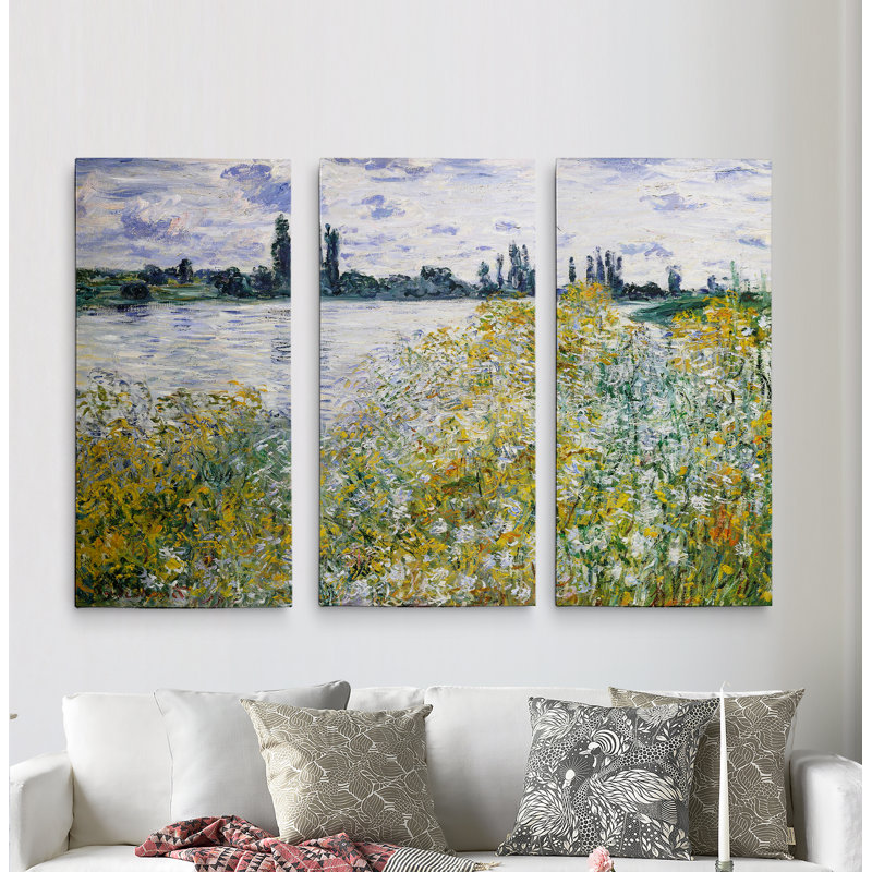 « florals on the banks » par claude monet, reproduction d’image multi-pièces sur toile, H 32 po x l 48 po x P 1,5 po