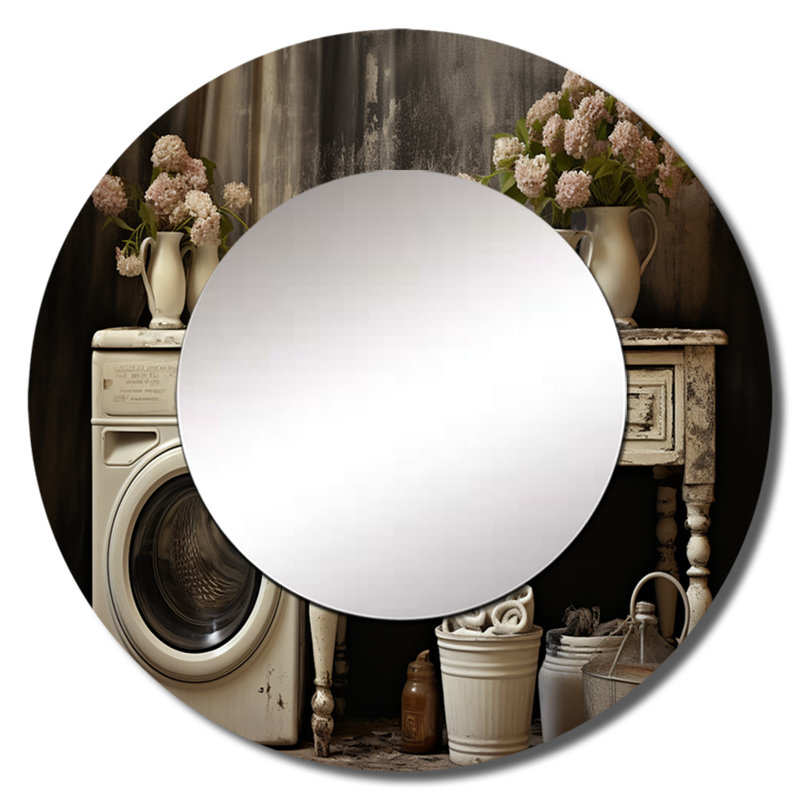 Farmhouse Laundry Charm II - miroir mural décoratif, miroir rond beige, impression d'art en métal, 29 po x 29 po