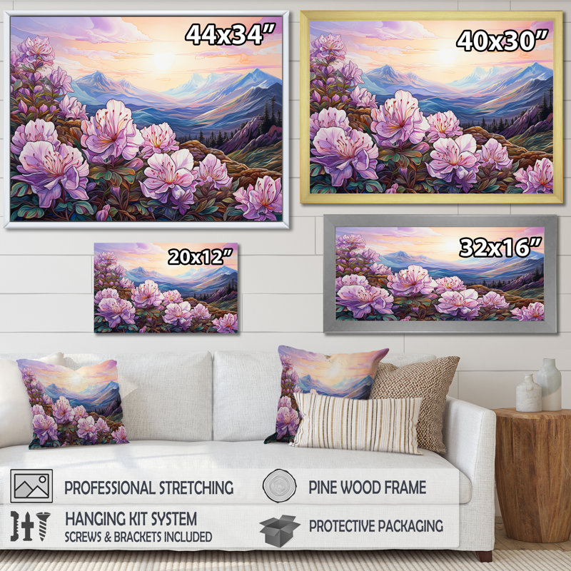 Champ de rhododendrons roses en montagne - impression, Cadre simple noir, H 30 po x l 40 po x P 1,5 po