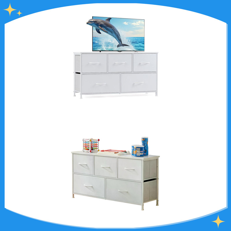Commode pour tiroirs de chambre à coucher avec 5 tiroirs de rangement, commode avec bacs en tissu, White