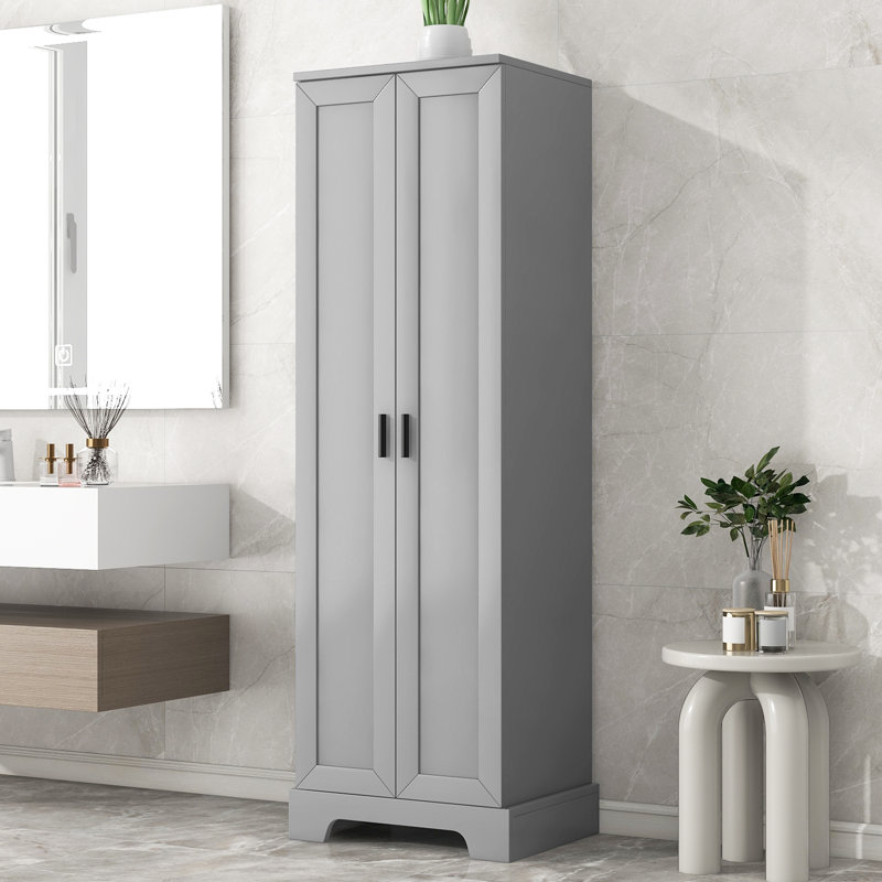  Tall 2-Door Storage Cabinet with 5-Tier Adjustable Shelves, Modern MDF Linen Tower for Bathroom & Office, Grey, Gray