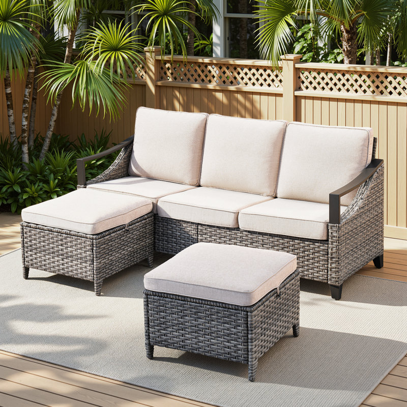 All-Weather Outdoor Wicker Modern Wicker Iron Armrests Sofa With Ottomans, Beige