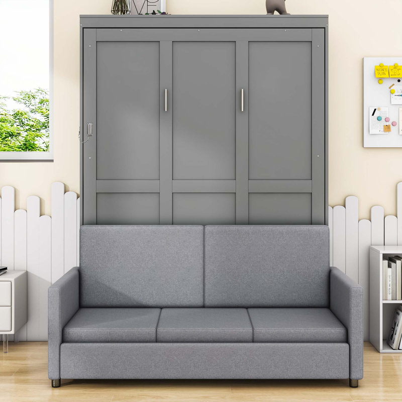 Lit escamotable en bois avec coussin, gris, Complète