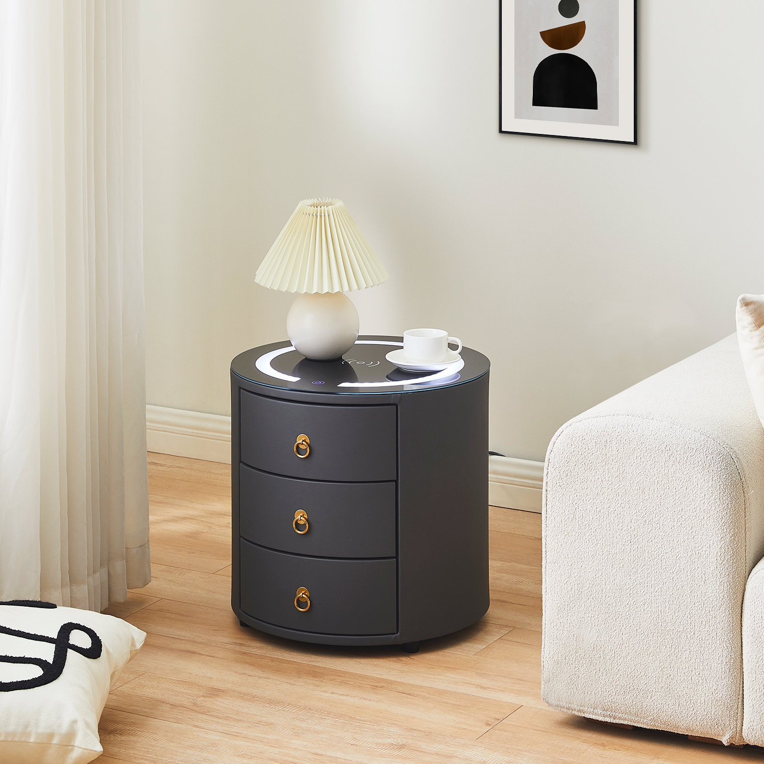 Drawers Side Table Wireless Charger LED Nightstand With Wireless
