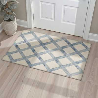 Tapis géométrique beige / bleu Lattice lavable à la machine avec envers antidérapant