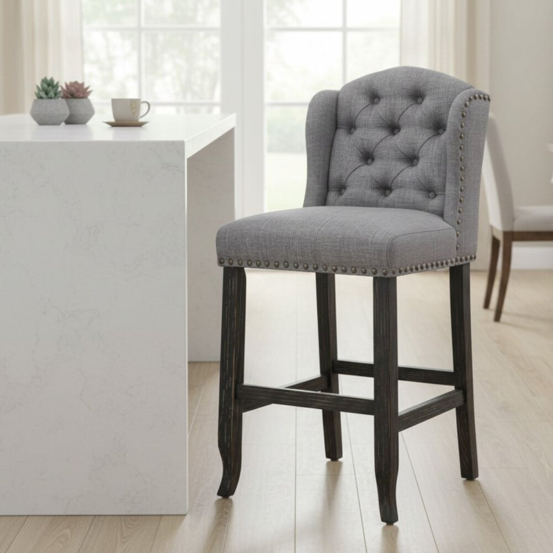 Elvixa  Barre arrière en bois noir antique / gris clair Fauteuil à oreilles en lin (ensemble de 2)