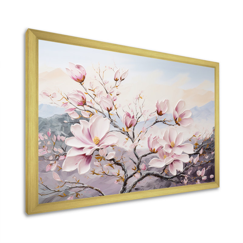 Fleurs de magnolia roses II sur toile, Cadre doré simple, H 12 po x l 20 po x P 1 po