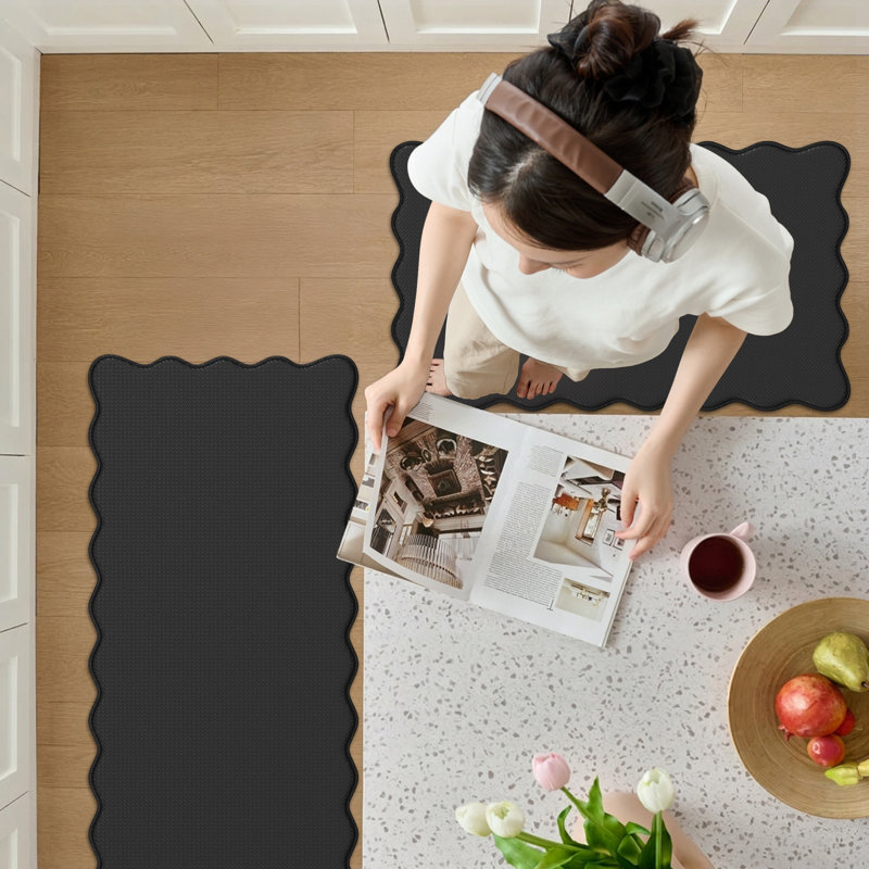 Tapis de cuisine festonnés anti-fatigue, Rectangle 17.3"x30" + 17.3"x47", Black