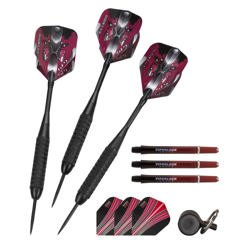 Jeu de fléchettes à pointe en acier Viper Mariah noir 22 grammes, tiges rouges et noires et volants avec taille-crayon