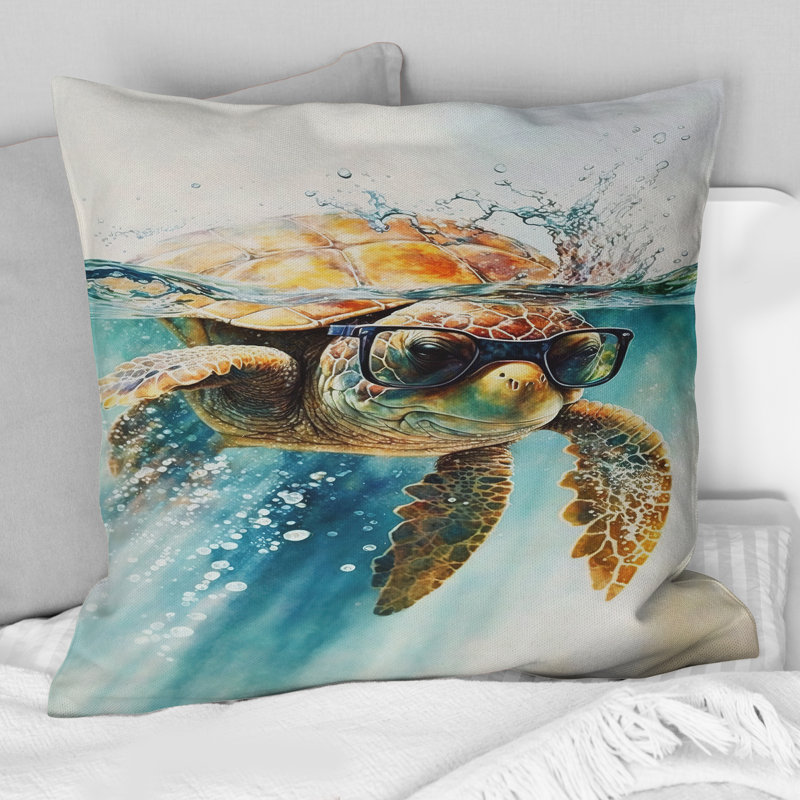 Tortue avec des lunettes dans l'océan III - oreiller imprimé tortue, H 16 po x l 16 po
