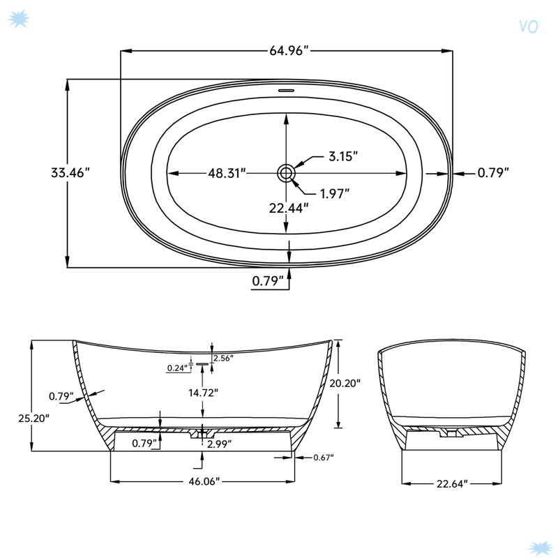 65" Solid Surface Soaking Bathtub for Bathroom